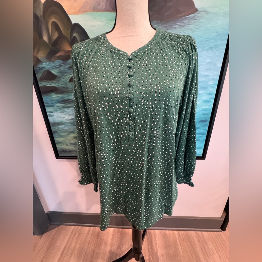 J. Jill Green Long Sleeve Smocked Top with Buttoned Collar - Picture 2 of 8